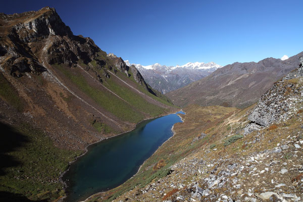 View of Lake while in Snowman Trek. The lake is below kechela pass