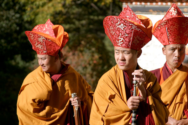 Talo Tshechu Festival. Monks getting ready for the ritual to conduct during Talo Festival