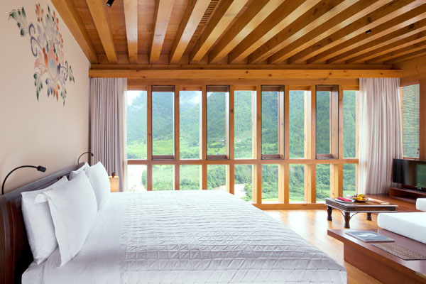 Views of valley from room at Uma Punakha