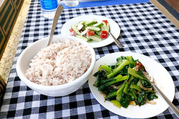Red Rice with Sagg fried and Cucumber Salad