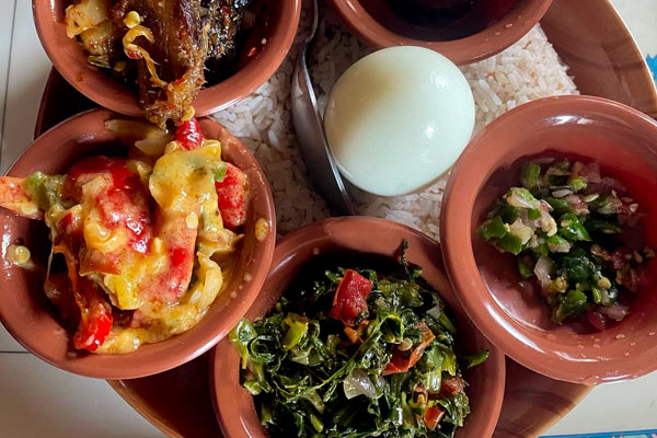 Varieties of Bhutanese Dish with red rice